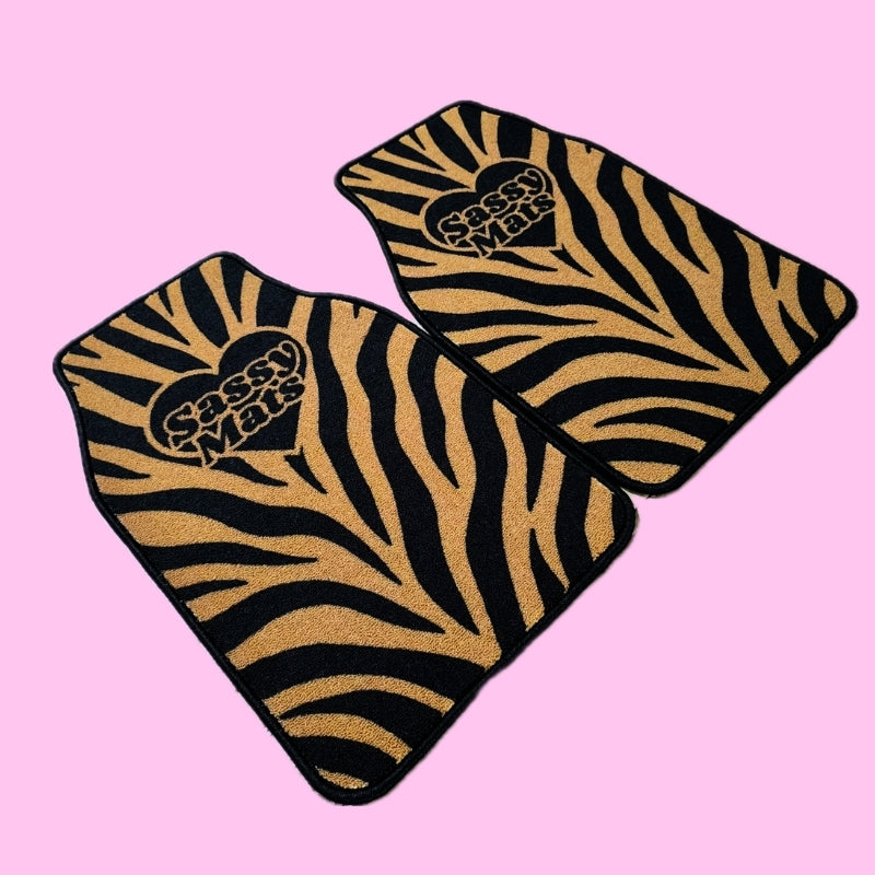BLACK + TAN TIGER UNIVERSAL CAR MATS X 2